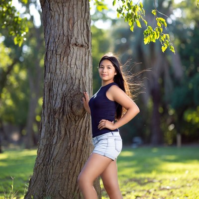 Asian girl leaning against tree