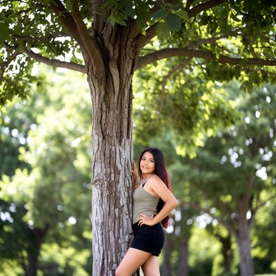 Asian girl leaning against tree