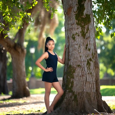 Asian girl posing by tree