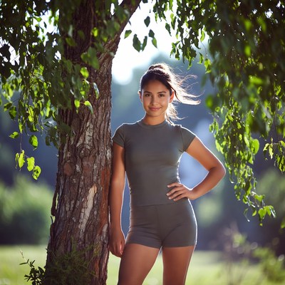 Young Latina woman leaning against tree