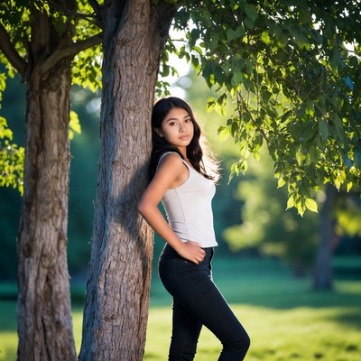Asian girl leaning against tree