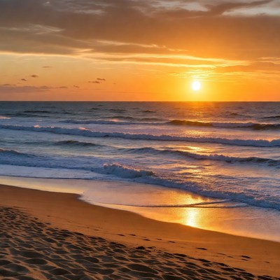 Sunset over beach with footprints