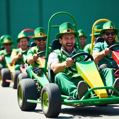 Men in green hats racing go-karts