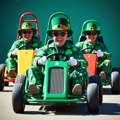 Three men in green leprechaun go-karts