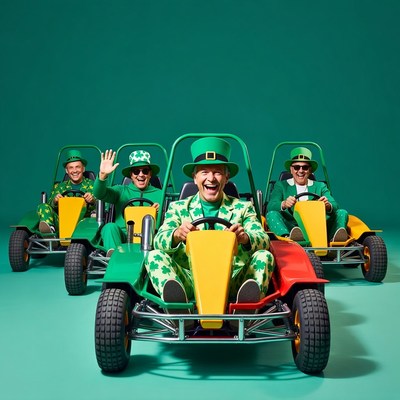 Men in green leprechaun suits driving go-karts