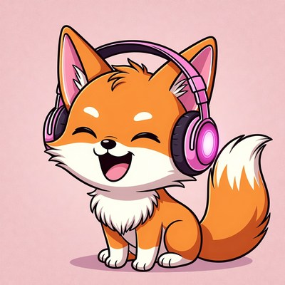 Cute fox wearing pink headphones