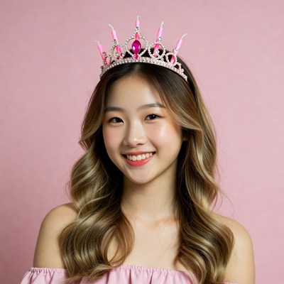Asian girl wearing pink birthday crown
