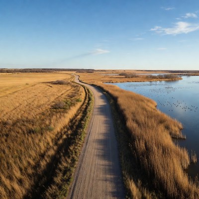 Dirt road through golden reeds and lake