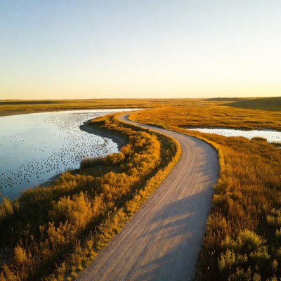 Curvy Dirt Road Through Golden Wetlands