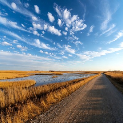 Gravel road through golden marsh