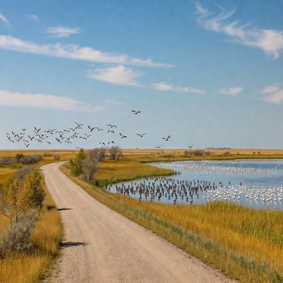 Flock of birds on wetland pond