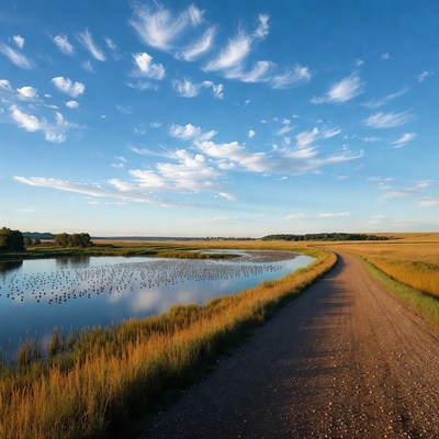 Dirt Road by Pond with Ducks