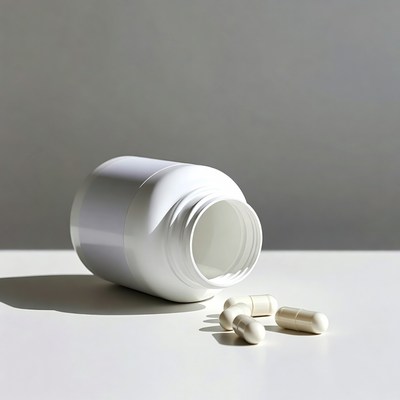 Open white pill bottle with spilled capsules