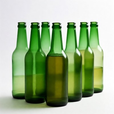 Row of Green Glass Beer Bottles
