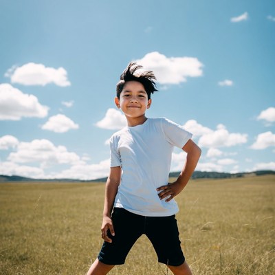 Young boy posing in grassy field