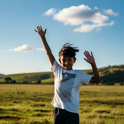 Young boy raising arms in grassy field