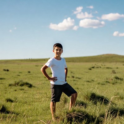 Young boy standing in green field