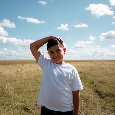 Latino boy hand on head in field