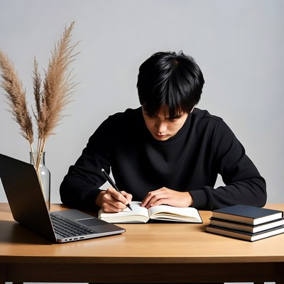 Asian man writing at desk