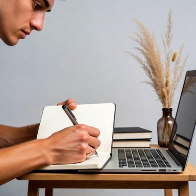 Young man writing in notebook at desk