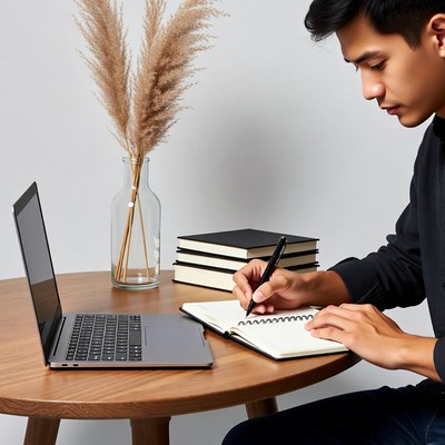 Asian man writing in notebook