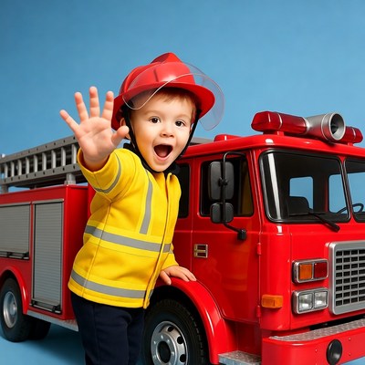 Boy waving in firefighter costume by fire truck