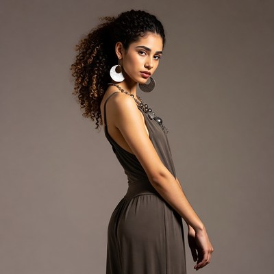 Curly-haired woman in gray dress