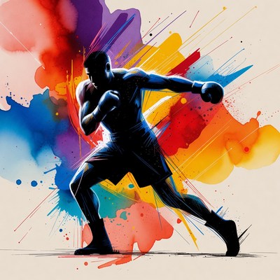 Black man boxing in watercolor splash