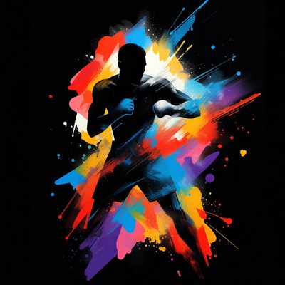 Silhouette man boxing with colorful splashes