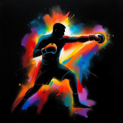 Silhouette boxer punching with colorful splashes