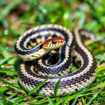 Garter snake coiled on green grass