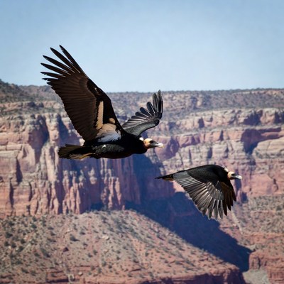 Two Turkey Vultures Flying over Red Cliffs