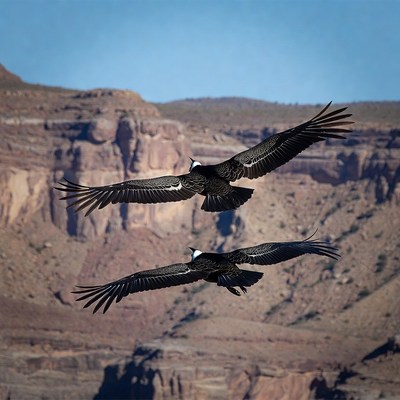 Two Ravens Flying Over Red Cliffs