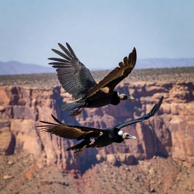 Two condors flying over canyon
