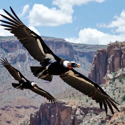 Two Andean condors flying over canyon