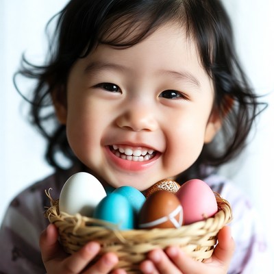 Asian baby girl holding Easter eggs