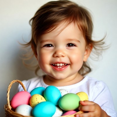 Baby girl holding colorful Easter eggs
