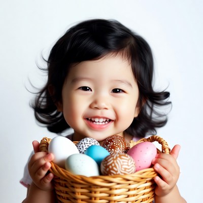 Asian girl holding Easter eggs