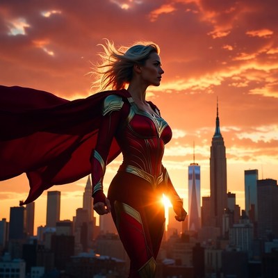 Blonde superhero woman on NYC rooftop