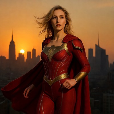 Blonde woman in red superhero suit sunset skyline