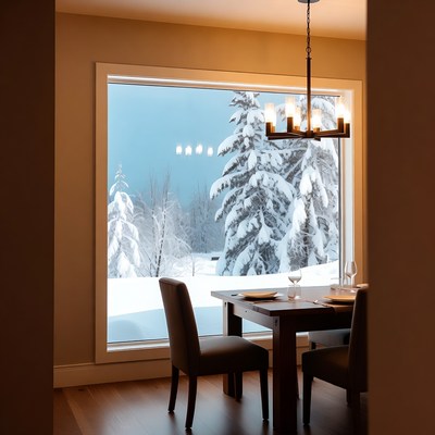 Dining table by snowy window