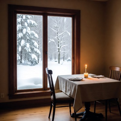 Dining table by snowy window