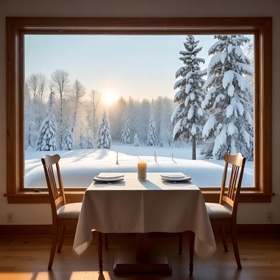 Table by snowy forest window