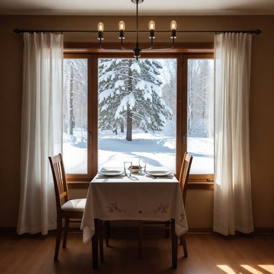 Dining table by snowy window