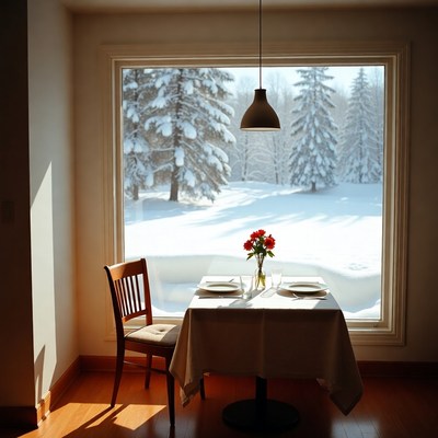 Table with Roses by Snowy Window
