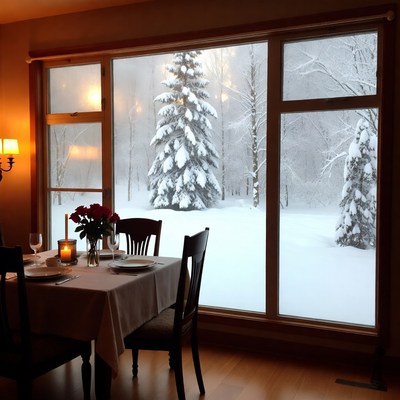 Dining table by snowy window
