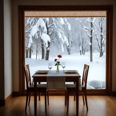 Table with Red Roses by Snowy Window