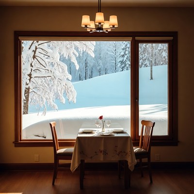 Dining table by snowy window