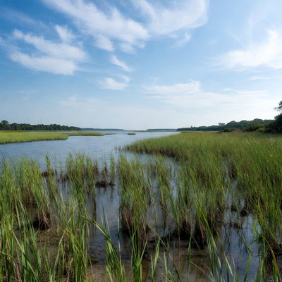 Marsh Grass Along Calm River
