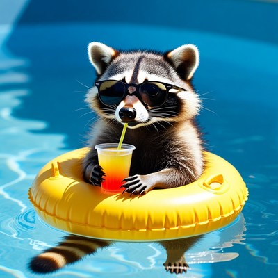 Raccoon in sunglasses on pool float